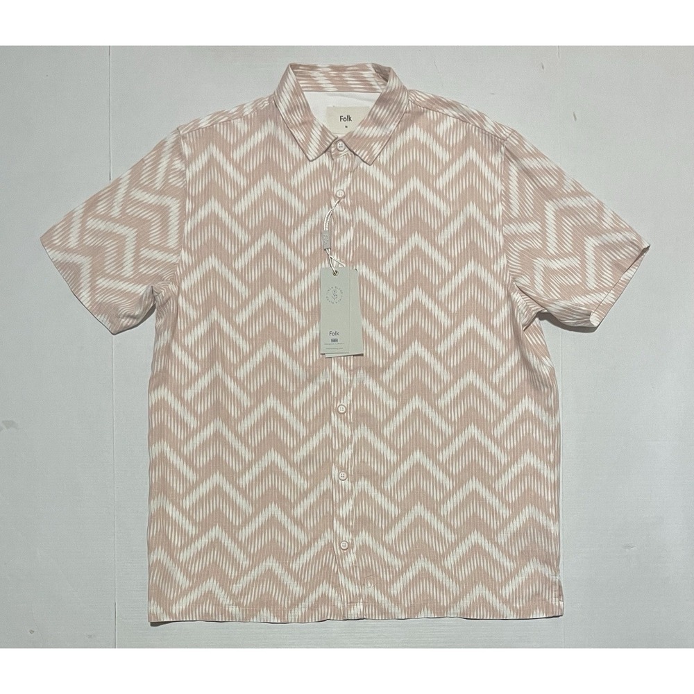 $182 NWT Folk Men's Size Medium Short Sleeve Shirt Pink Geometric Zig Zag‎ Arrow